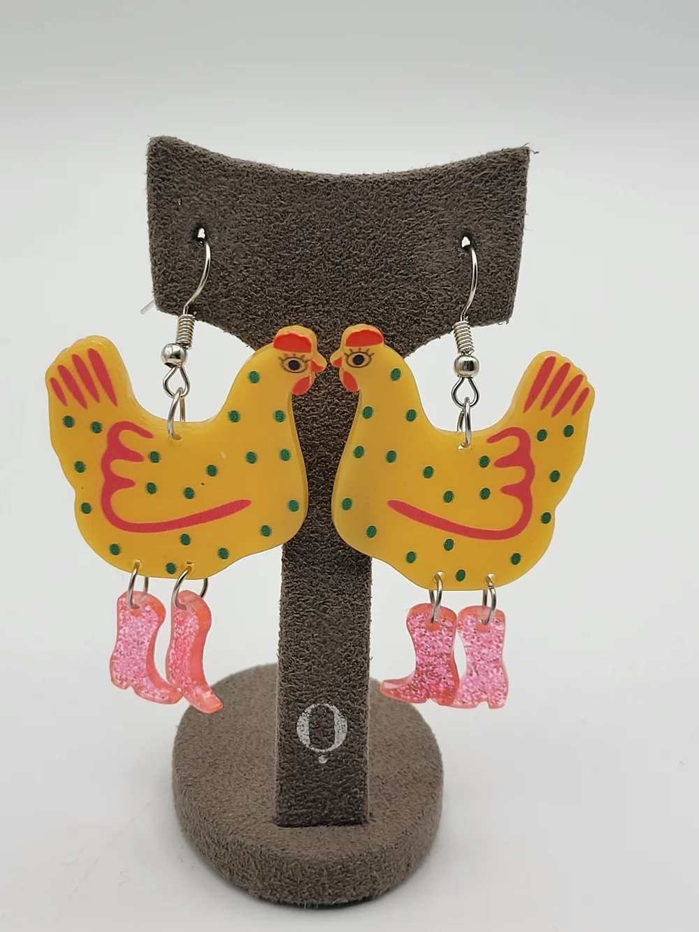 Funny Funky Yellow pink Glitter Chicken Dangle earrings - Picture 4 of 8